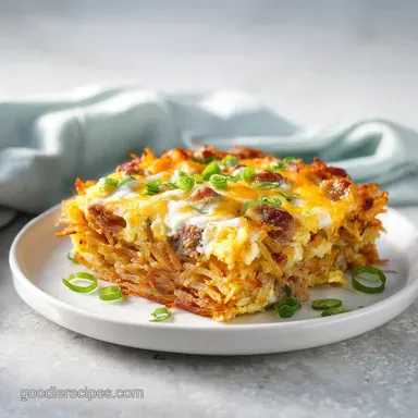 Sausage Egg and Cream Cheese Hash Brown Breakfast Casserole Recipe Card