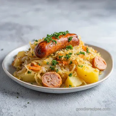 Sausage Sauerkraut Potatoes Skillet for 5 Servings Recipe Card
