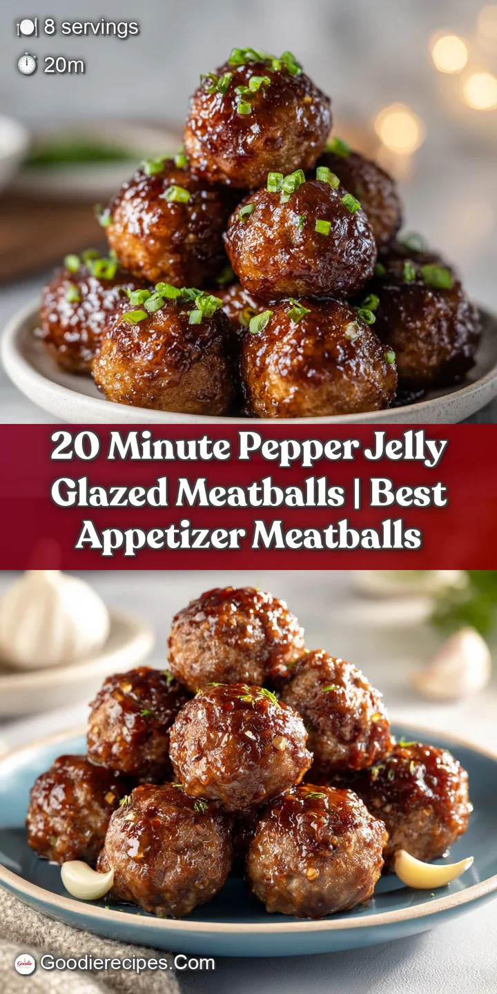 Glazed meatballs with glistening pepper jelly, topped with fresh garlic, served in a rustic bowl.