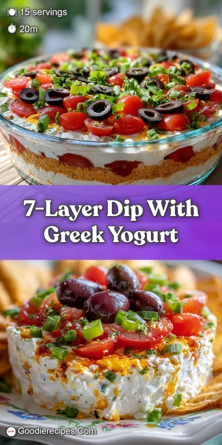 Close-up of creamy 7-layer dip, the smooth yogurt layer topped with chunky salsa and bright green avocado, ready to eat.