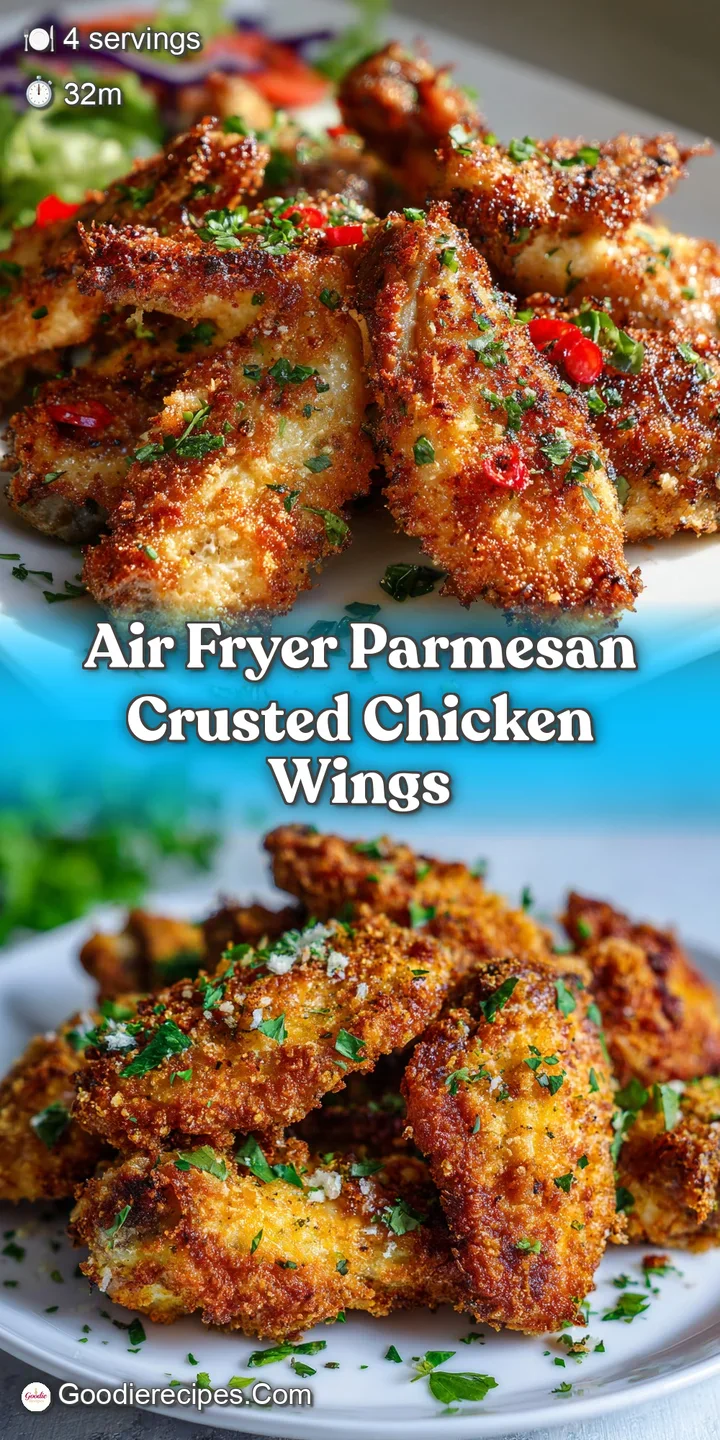 Close-up of a perfectly air-fried chicken wing, showcasing the crispy parmesan crust and juicy interior. Delicious garlic ...