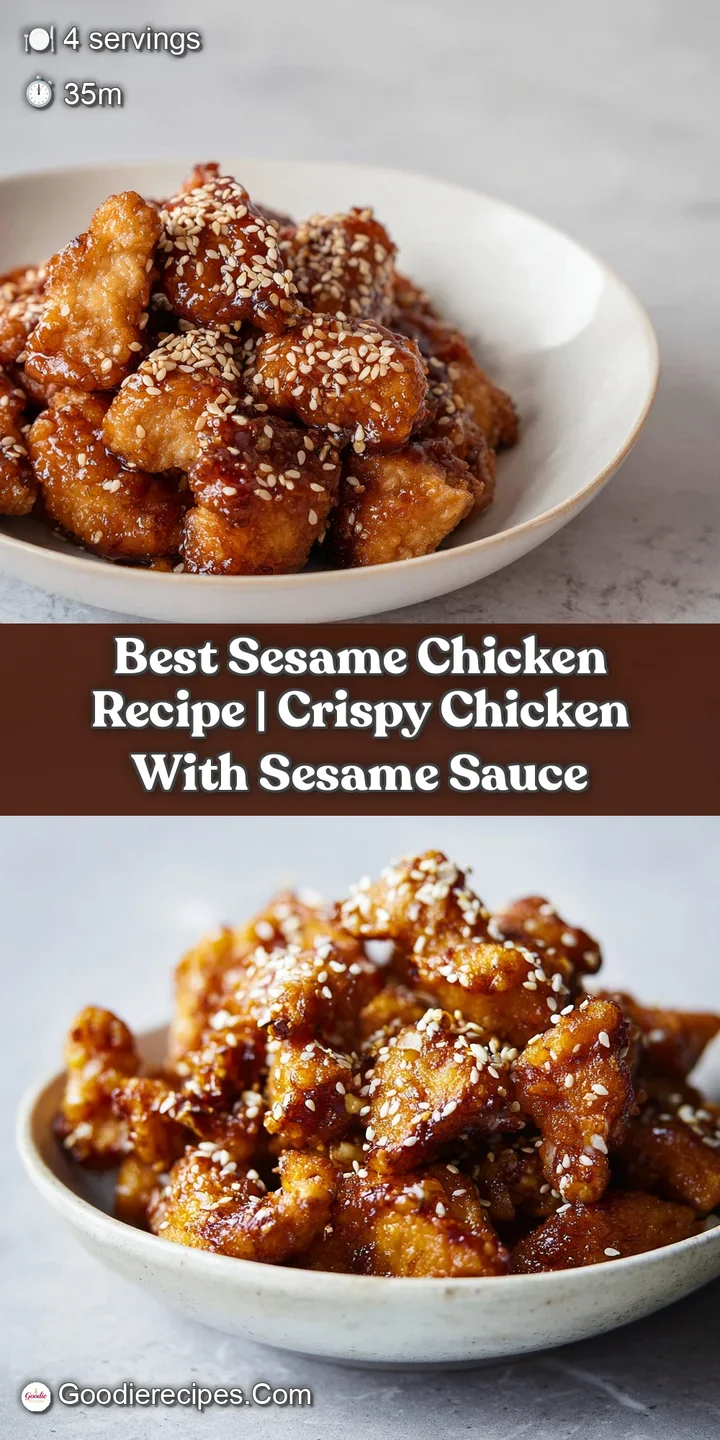Close-up of sticky, amber-colored chicken chunks coated in a shimmering glaze and sprinkled with toasted sesame seeds.