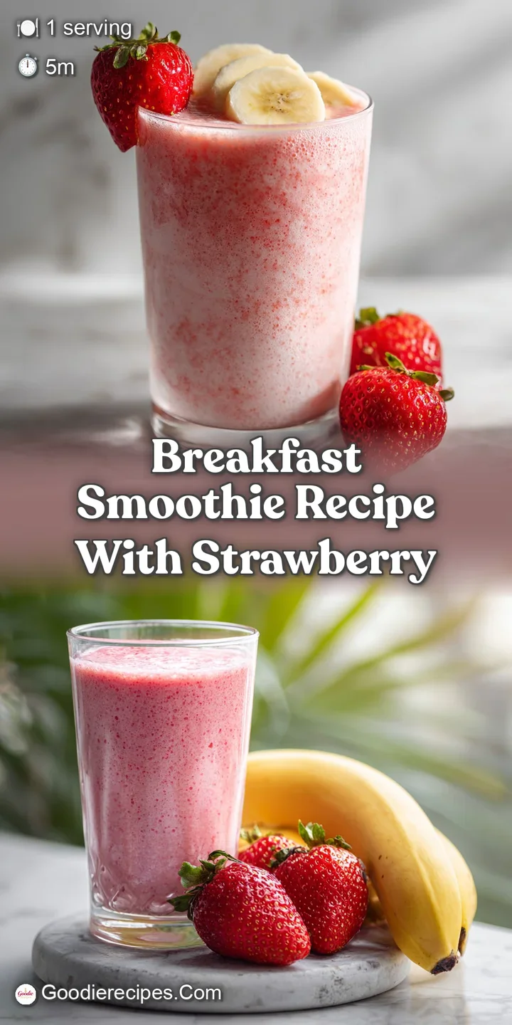 Close-up of a creamy, bright pink strawberry smoothie. Visible seeds and bits of fruit create appealing texture.