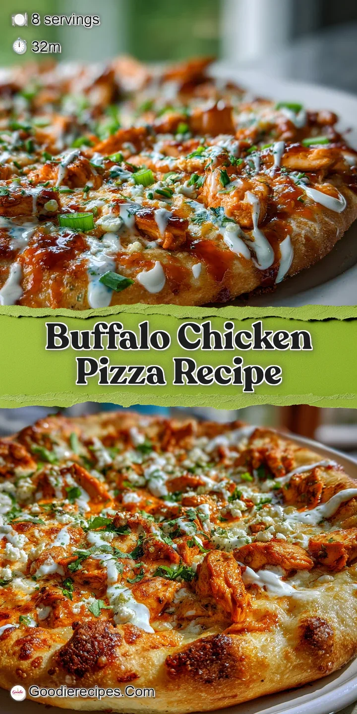 Close-up of buffalo chicken pizza with melted cheese, juicy chicken, and a hint of green garnish on a bubbly, golden-brown...