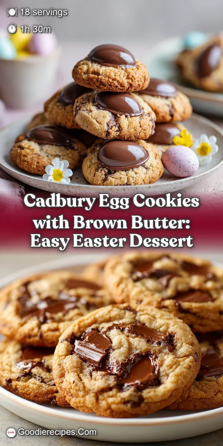 Close-up of a halved cookie showing gooey Cadbury egg center. Crinkled cookie edges hint at chewy texture and rich flavor.