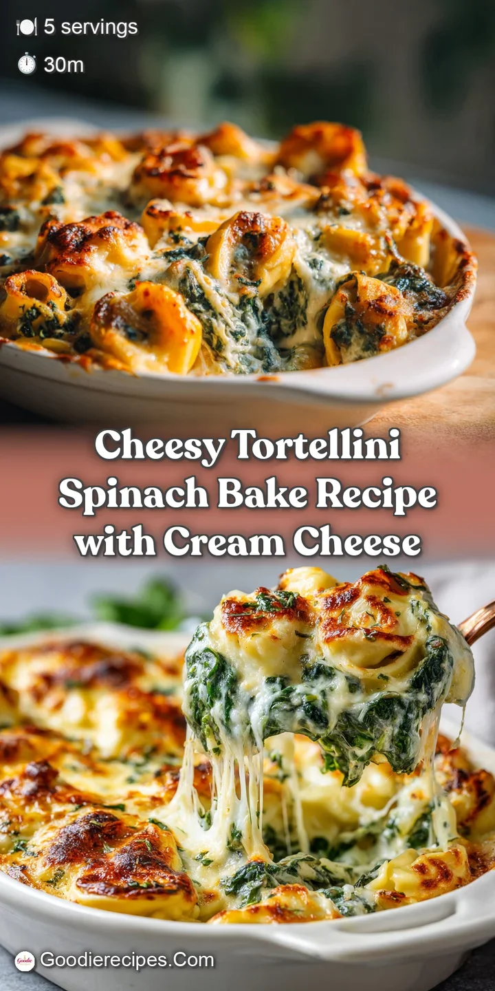 Close-up of a cheesy tortellini bake, revealing the soft texture of the pasta and melted cheese. Steam suggests a comforti...