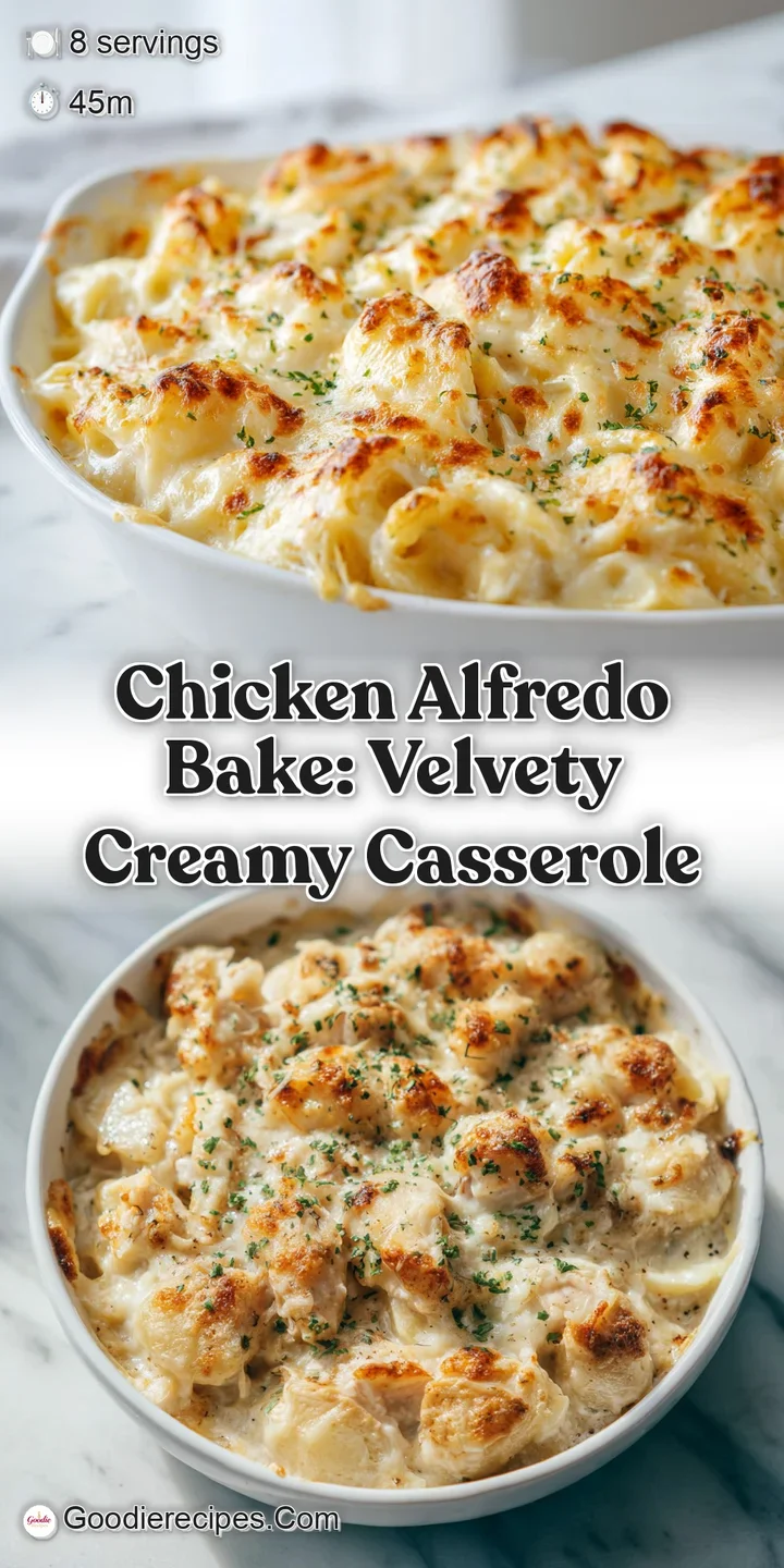 Close-up of bubbling, cheesy alfredo bake with bright green broccoli. Chicken and pasta are coated in a rich, glistening s...