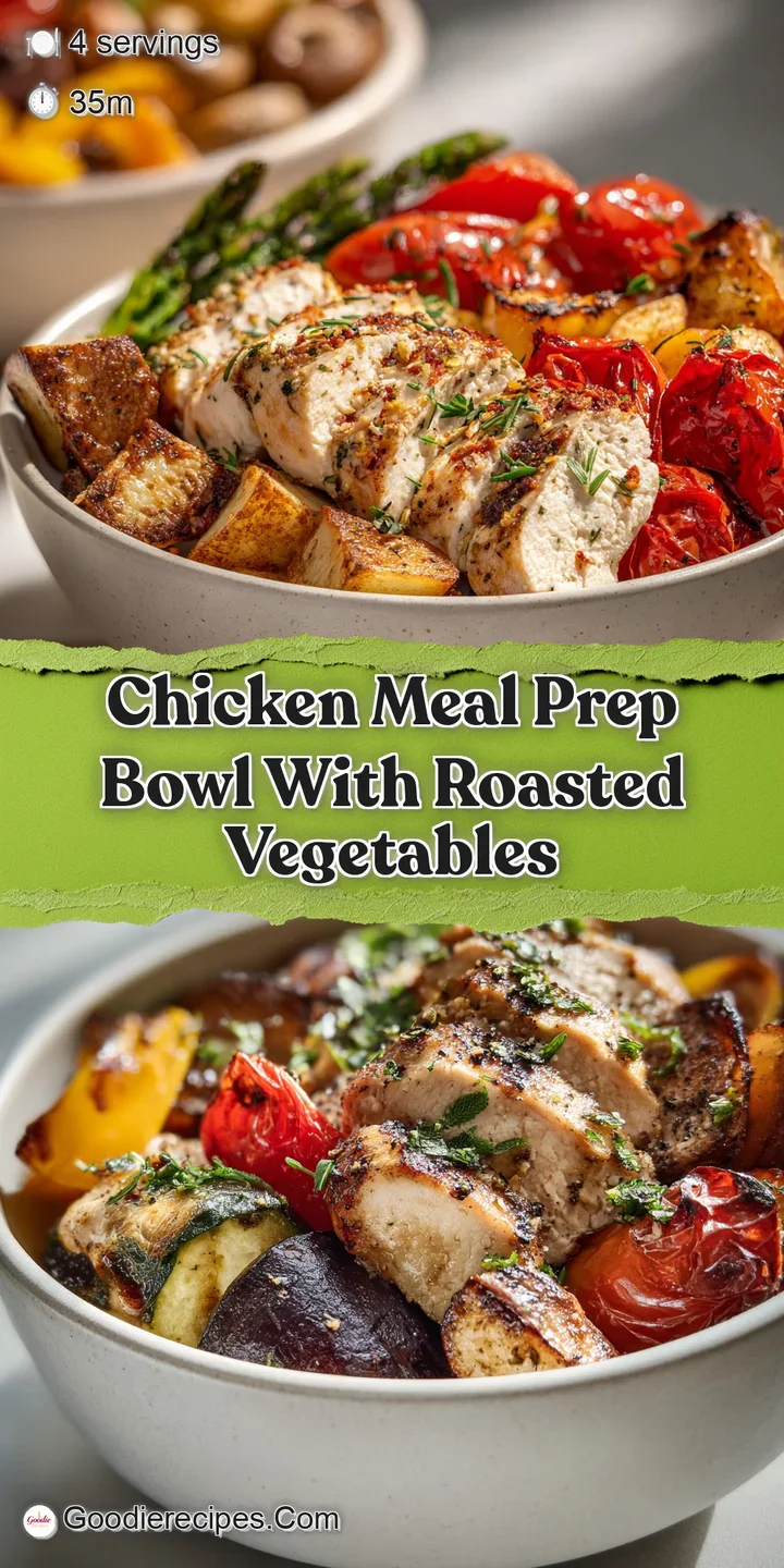 Close-up shot of a chicken meal prep bowl highlighting the glistening chicken, charred broccoli florets, and colorful bell...