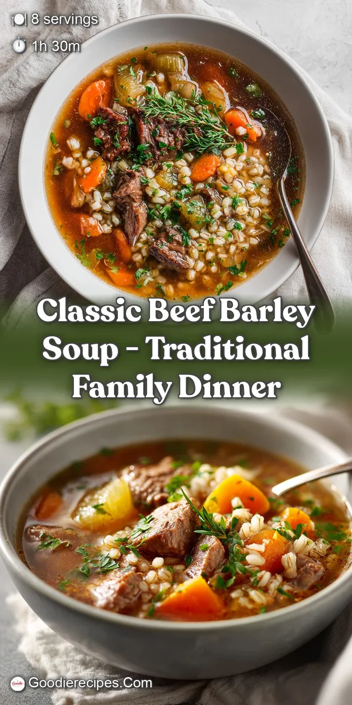 Close-up reveals glistening barley, tender beef chunks, and colorful vegetable pieces suspended in the savory, dark broth ...