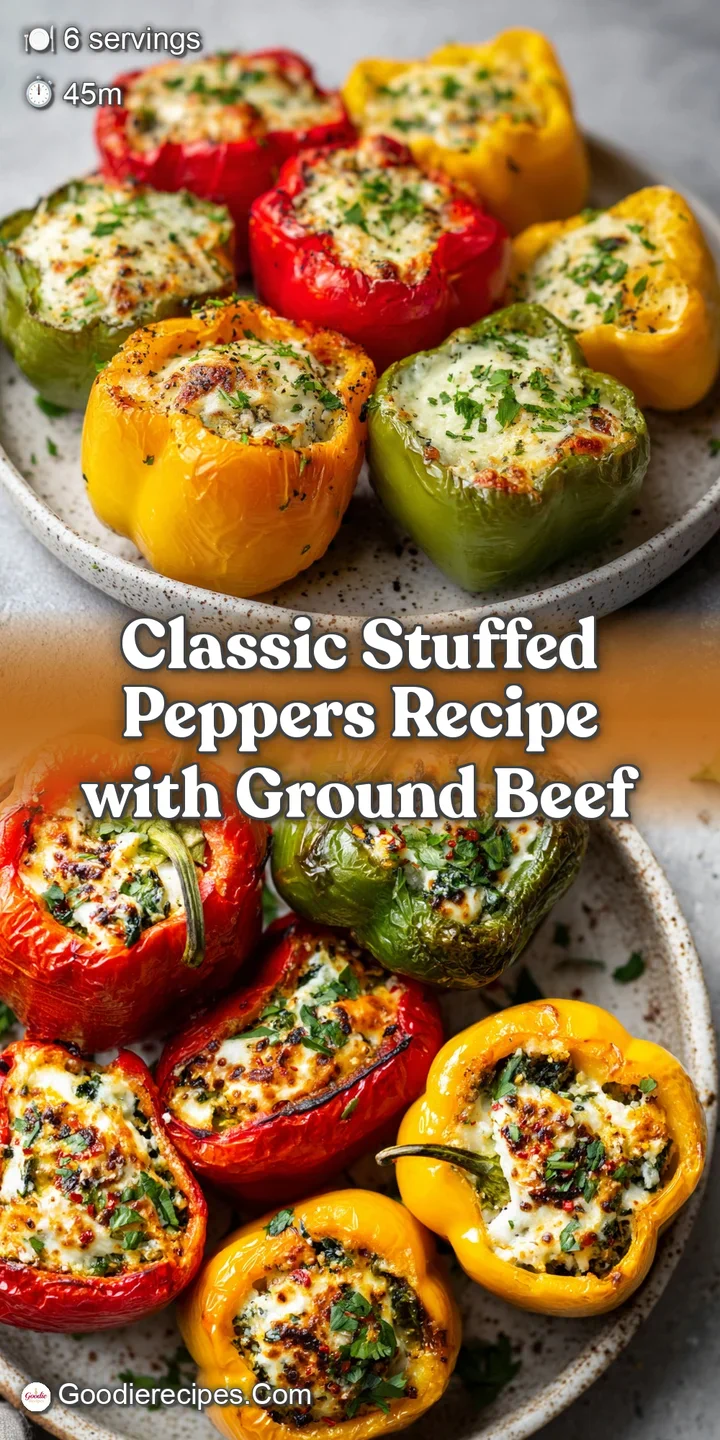 Close-up of a stuffed pepper: shiny, colorful, with visible grains of rice peeking through a savory sauce and fresh herb g...