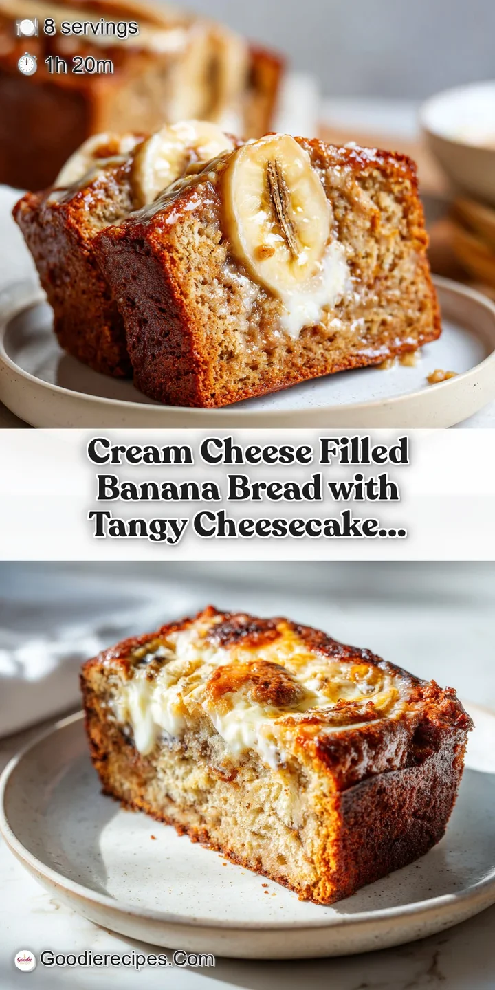 Close-up showcases moist banana bread with visible streaks of cream cheese. Crumbly texture and caramelized edges create w...