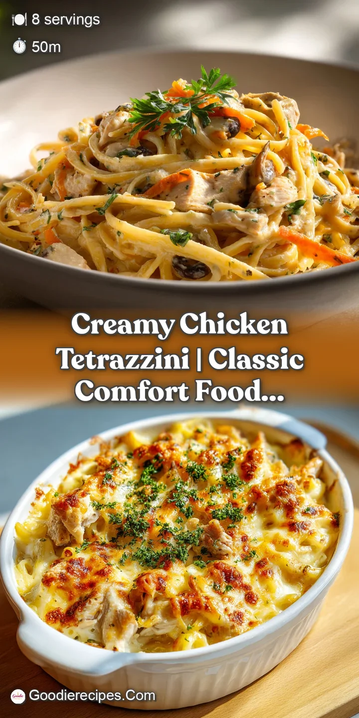 Creamy chicken tetrazzini with vibrant herbs and a glistening mushroom sauce, served hot.