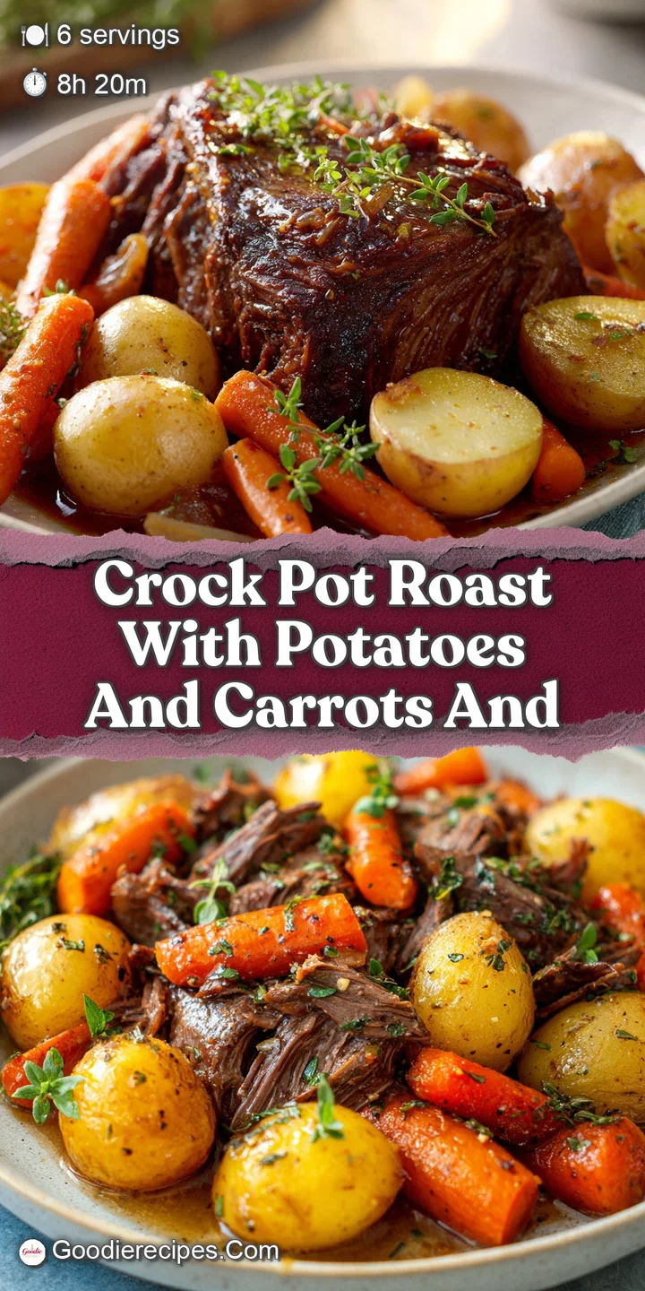 Close-up of fork tender pot roast, showcasing the moist, browned surface and surrounding, colorful vegetables.