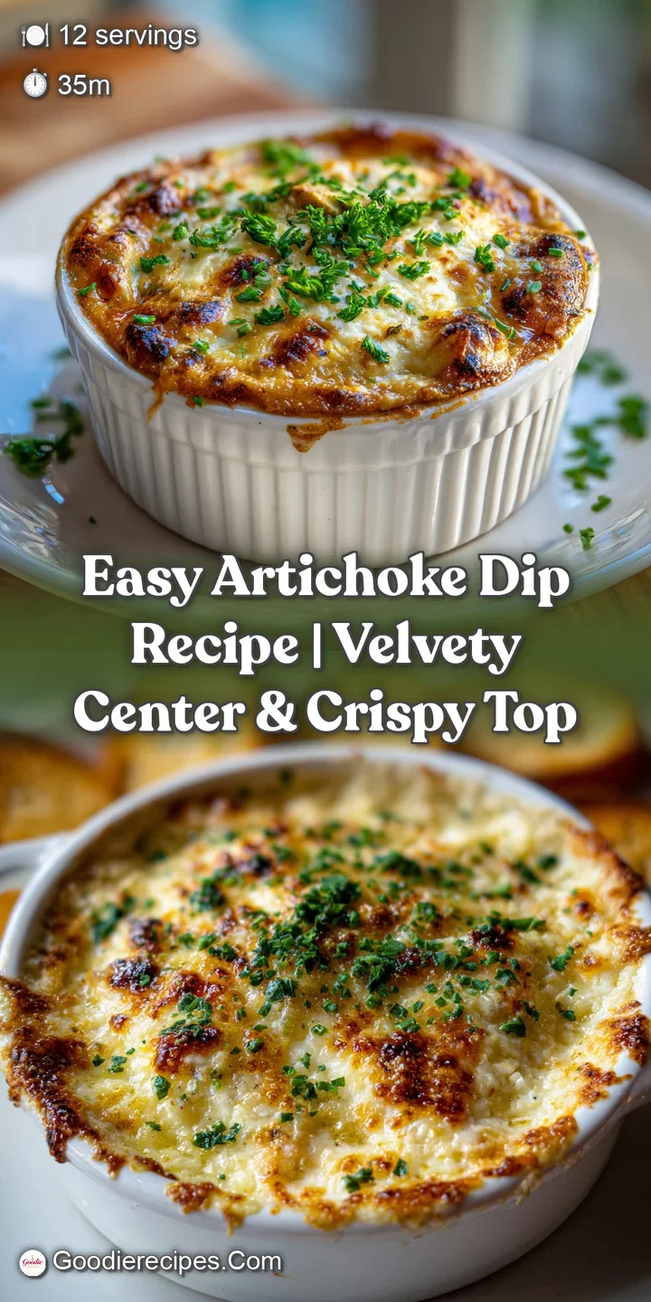 Close-up of warm, bubbling artichoke dip, showcasing its creamy texture and golden, cheesy crust with bits of green herbs ...