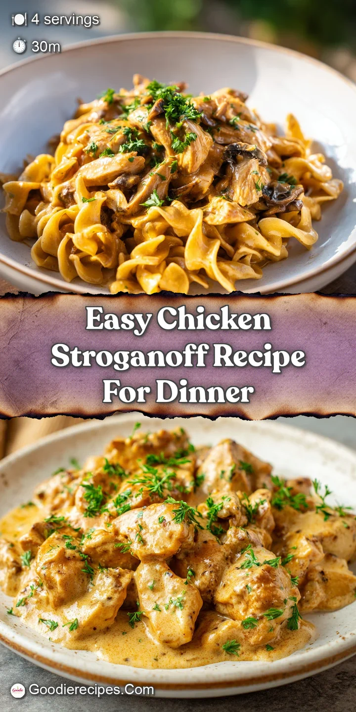 Appetizing close-up of chicken stroganoff, showcasing the tender chicken, earthy mushrooms, and creamy, flavorful sauce.