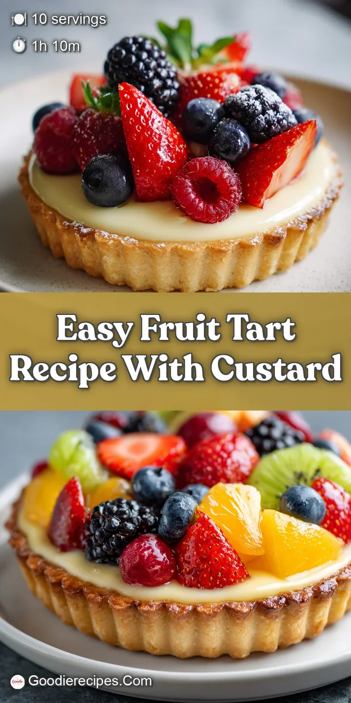Close-up of a fruit tart highlighting the juicy, glistening berries, rich custard texture, and golden-brown, perfectly bak...