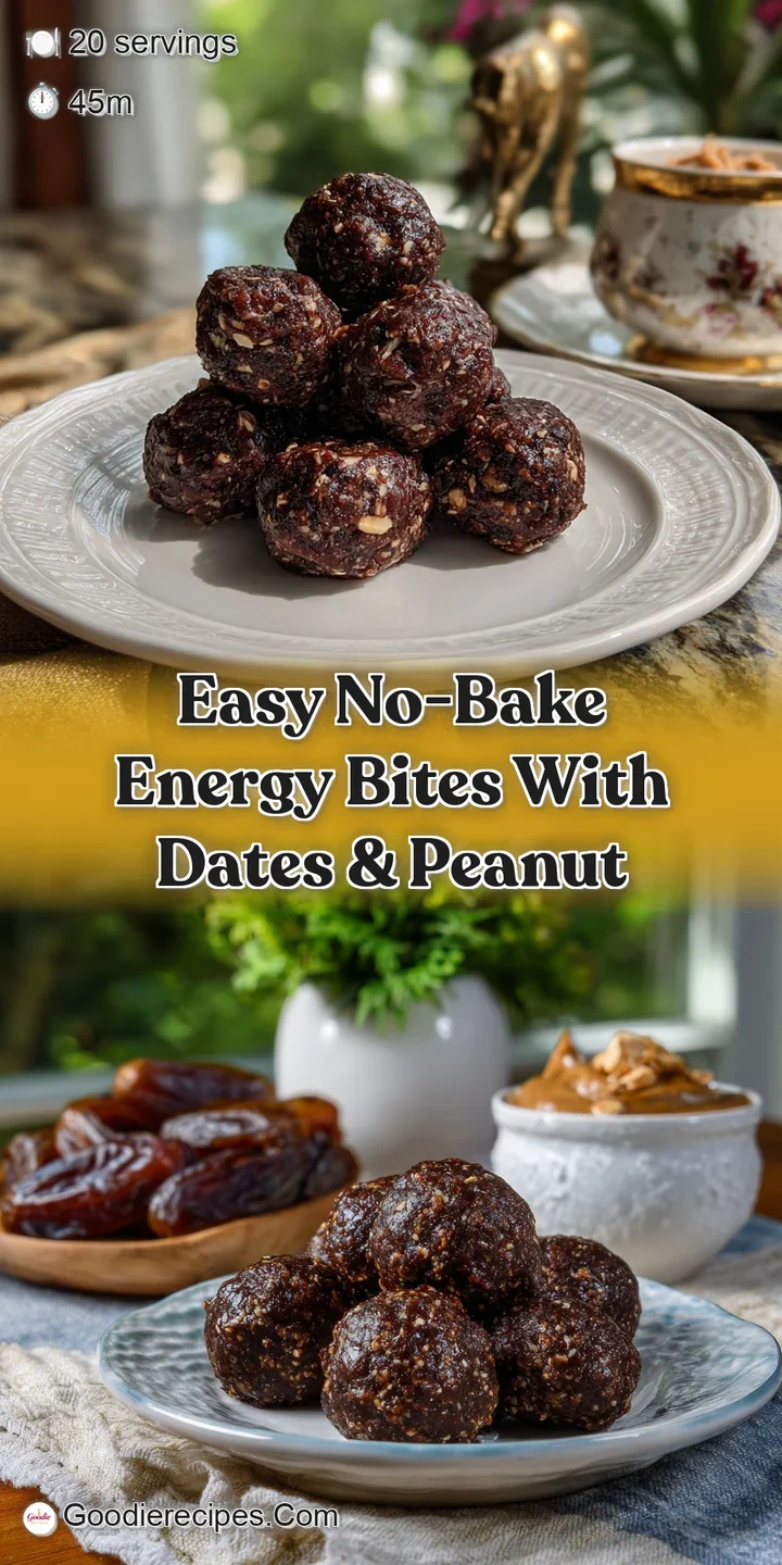 Close-up shows a single dark brown energy bite flecked with oats and date pieces; hints of peanut butter swirl within the ...