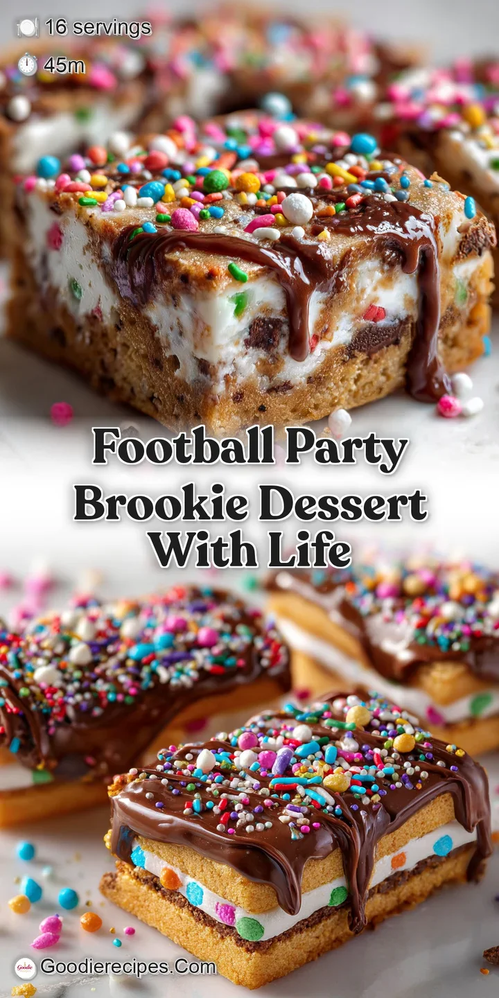 Close-up of a decadent brookie revealing fudgy brownie swirls, cookie crumbles, and pops of color from playful rainbow spr...