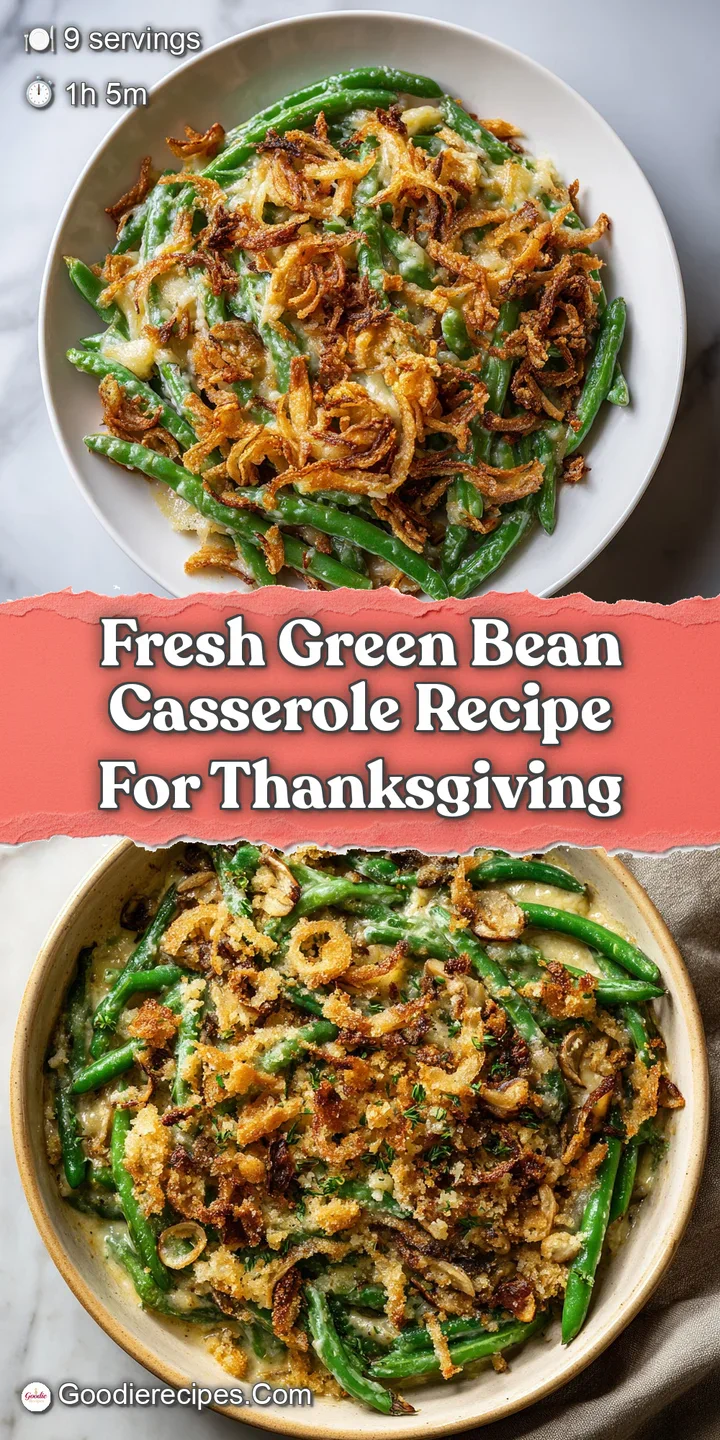 Close-up of a fresh green bean casserole. Earthy mushrooms peek through a creamy sauce with crisp, browned onion topping.
