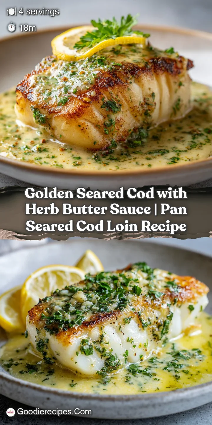 Close-up of a perfectly seared cod fillet with a delicate golden crust, bathed in a rich, emerald-green herb butter sauce.