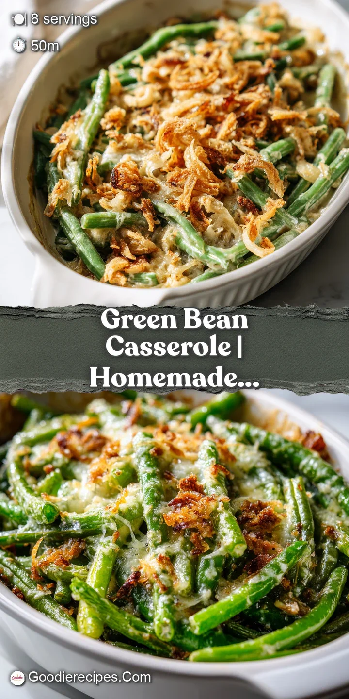 Close-up of tender green beans enveloped in a rich, creamy sauce, crowned with crisp, golden onions.