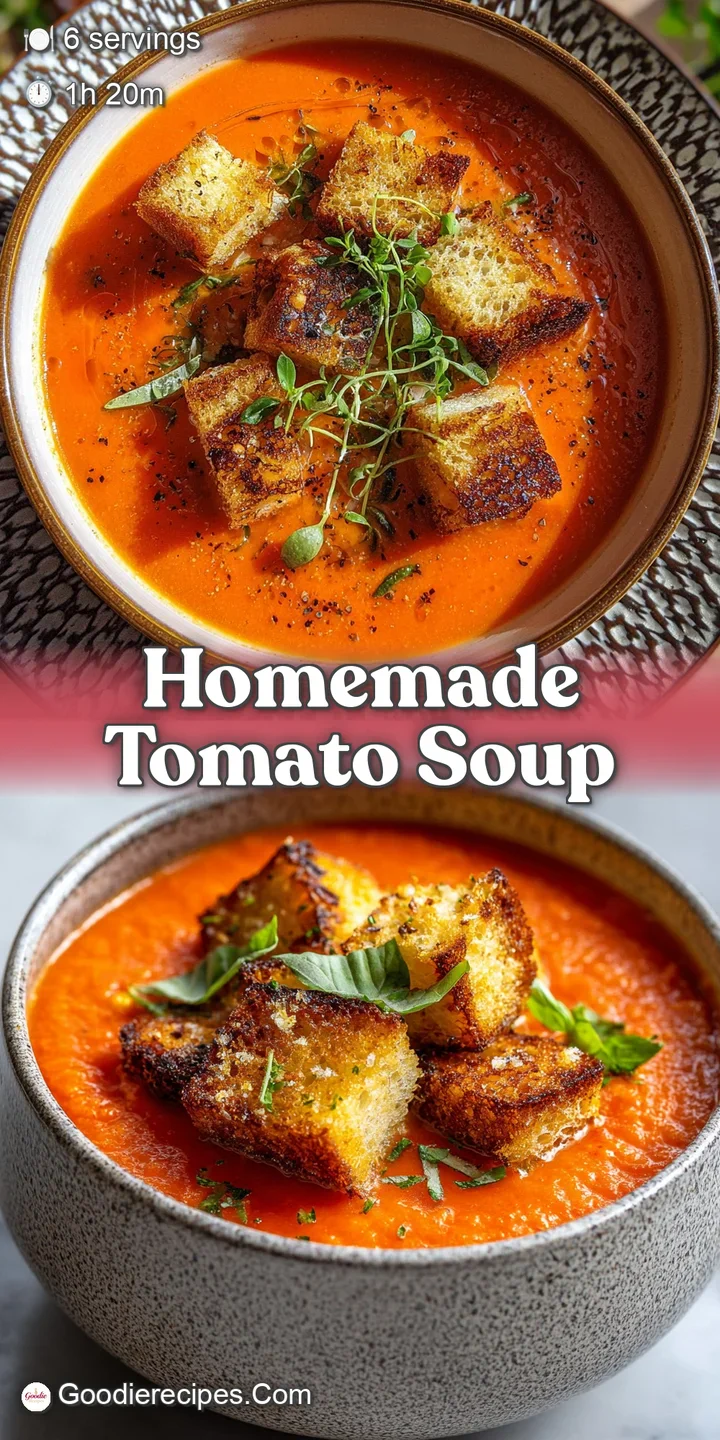 Close-up of rich, red tomato soup glistening with olive oil, aromatic basil, and crunchy golden croutons.
