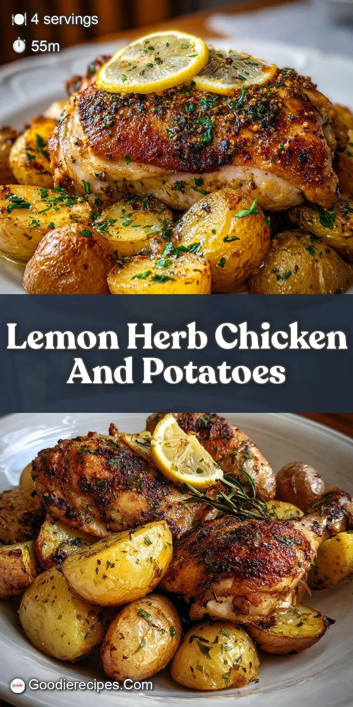 Close-up of glistening chicken and potatoes, browned and crisp. Garlic cloves add inviting aroma.