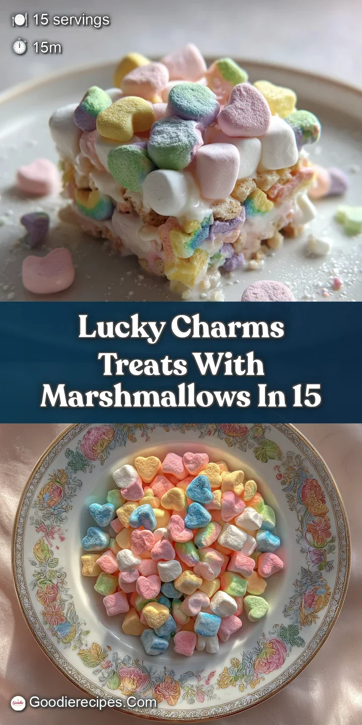 Close-up of a gooey Lucky Charms treat, revealing layers of melted marshmallow and colorful cereal pieces; sweet tempting ...