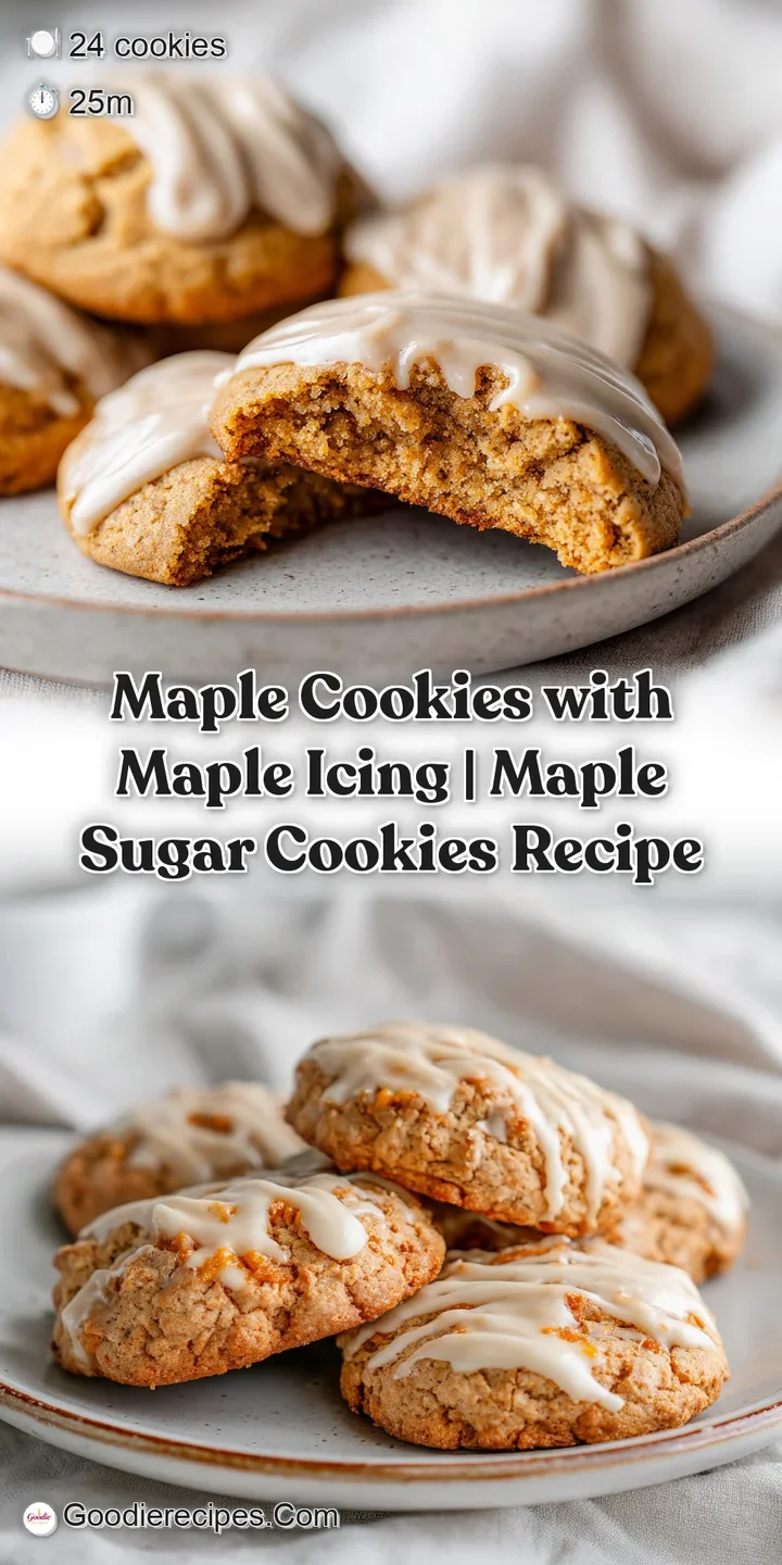 Close-up of a soft, chewy maple cookie with a glossy, swirling maple icing drizzle.