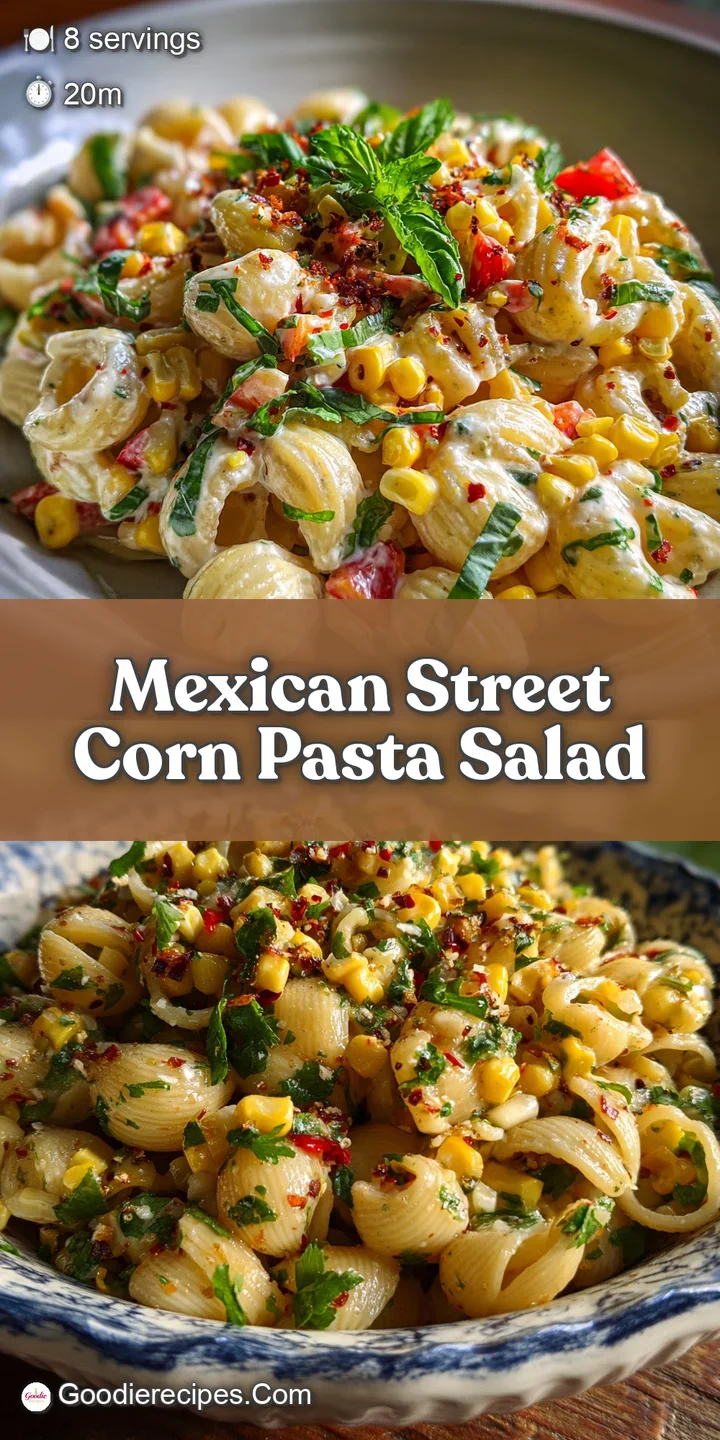 Close-up showcasing the creamy, charred texture of Mexican street corn pasta salad. Bright pops of cilantro and colorful p...