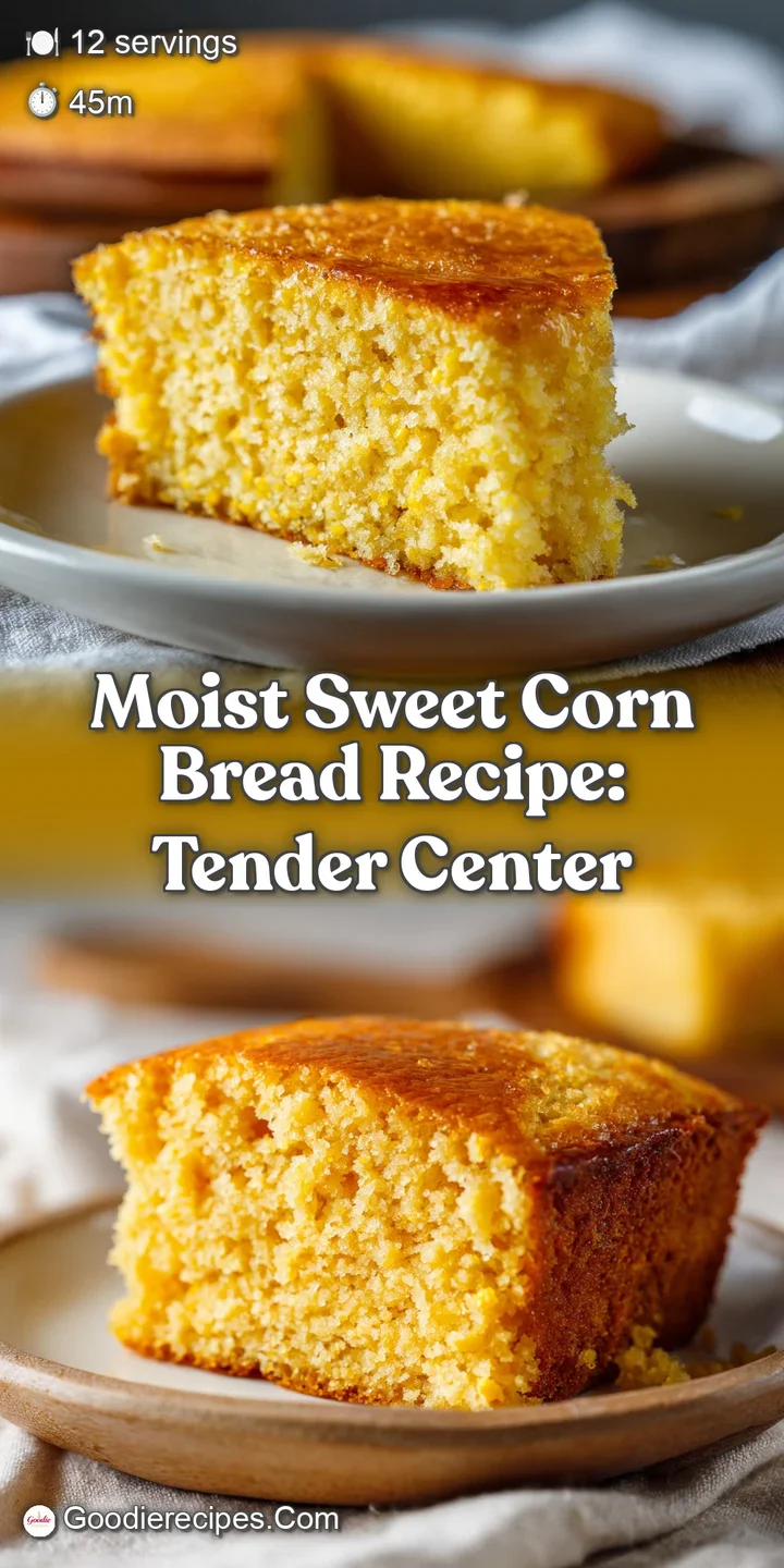 Close-up of fluffy corn bread with visible corn kernels. The crumb is soft and inviting, promising a slightly sweet and co...