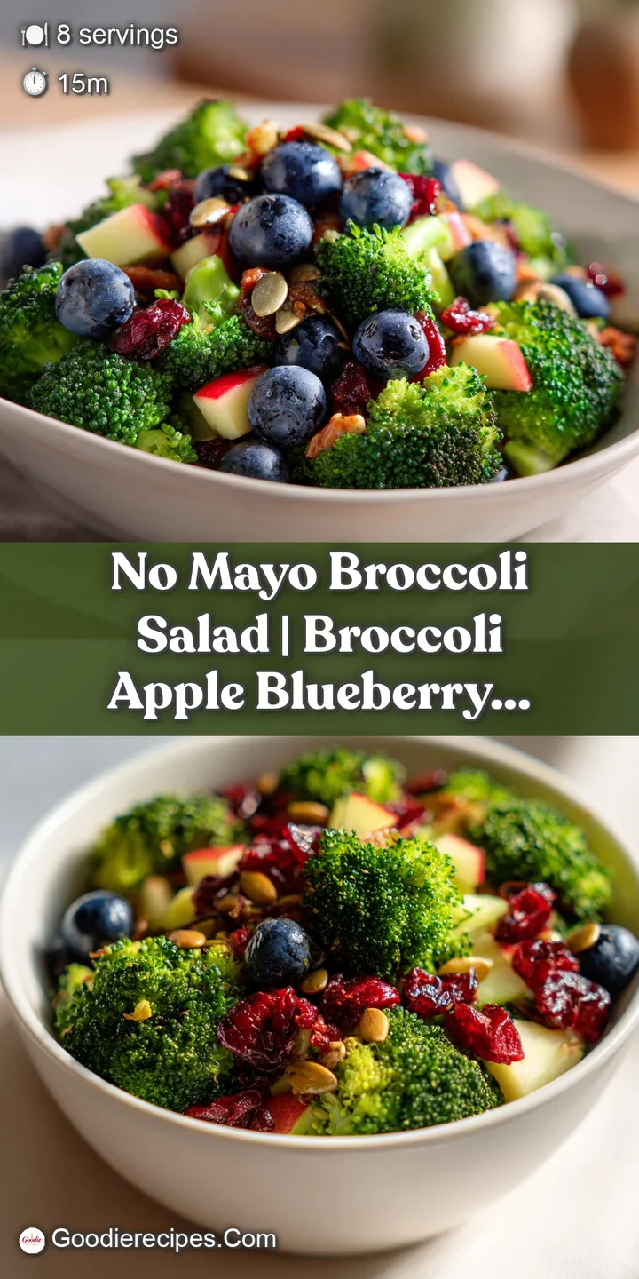 Extreme close-up of glossy, bright green broccoli florets coated in a zesty dressing with tiny seeds and red berries.