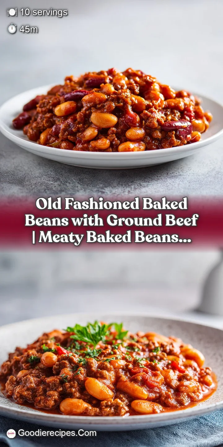Close-up of tender baked beans with savory ground beef, glistening in a warm, rich sauce.