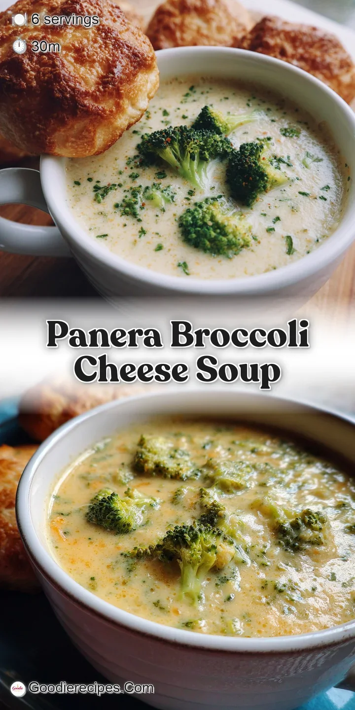 Close-up of rich, cheesy broccoli soup. Visible cheddar strands and soft broccoli create a tempting, comforting texture. W...