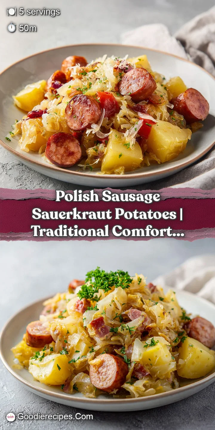 Close-up of plump sausage links nestled among soft, browned potato chunks and a generous heap of sauerkraut.