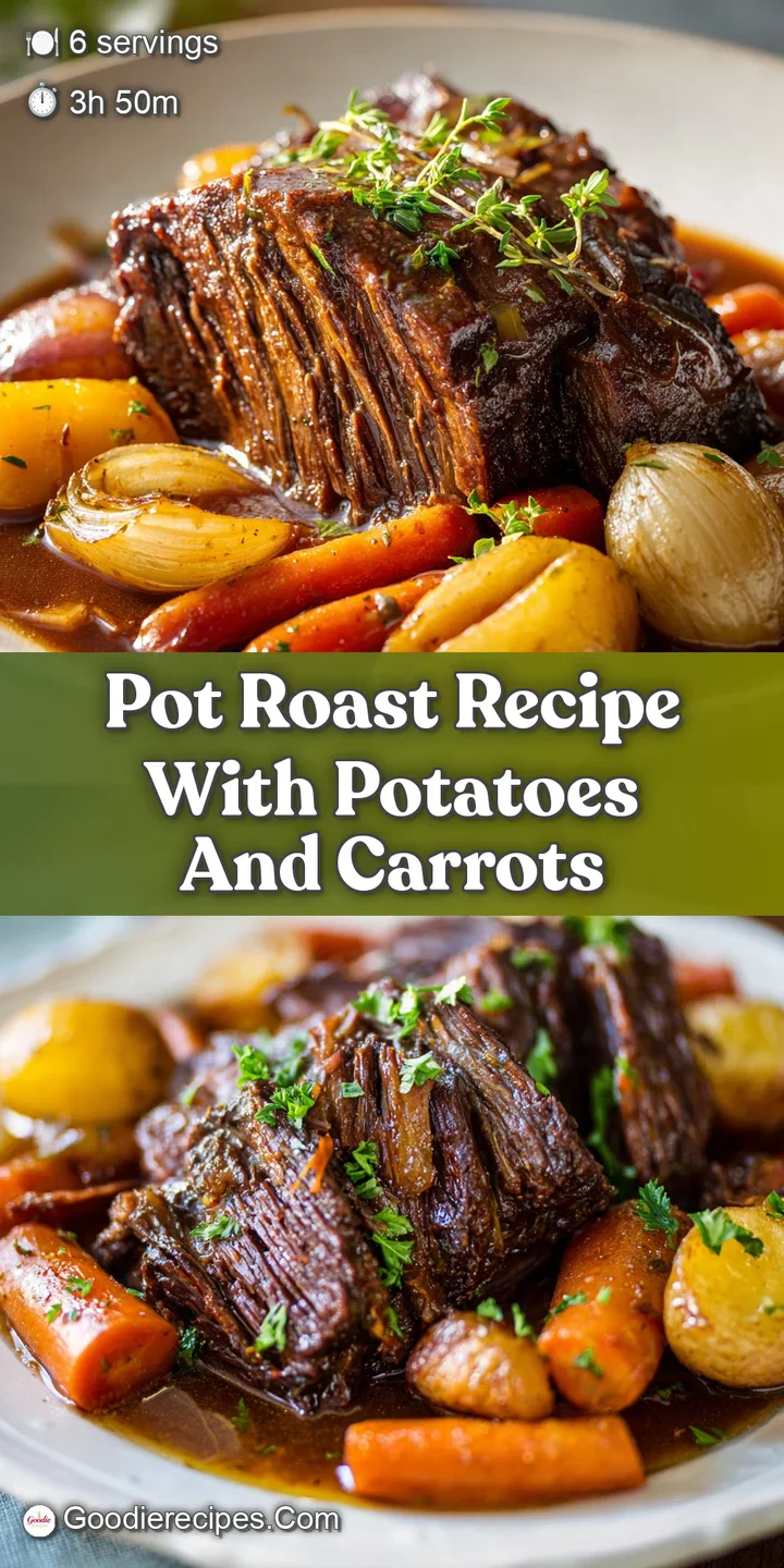 Close-up of fork pulling apart juicy pot roast; steam rises from the tender meat amongst the hearty vegetables.