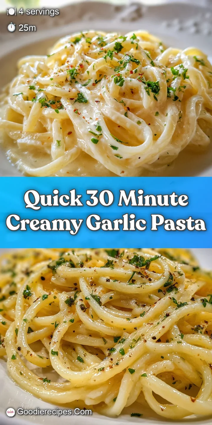 Close-up shot of glossy, ivory-colored pasta in a rich garlic cream. Wisps of steam rise, promising a warm, savory experie...