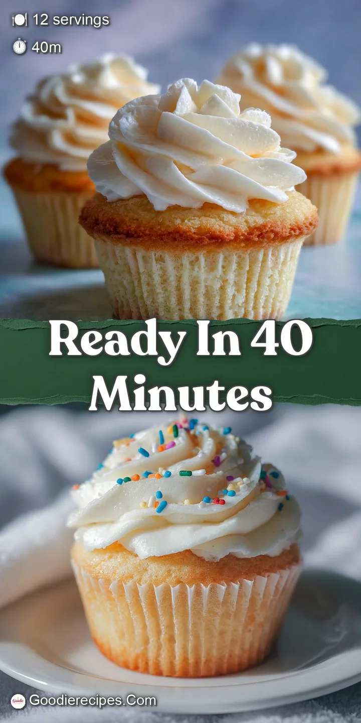 Close-up showcasing the soft, fluffy texture of a vanilla cupcake with sweet, smooth frosting and a dusting of bright spri...