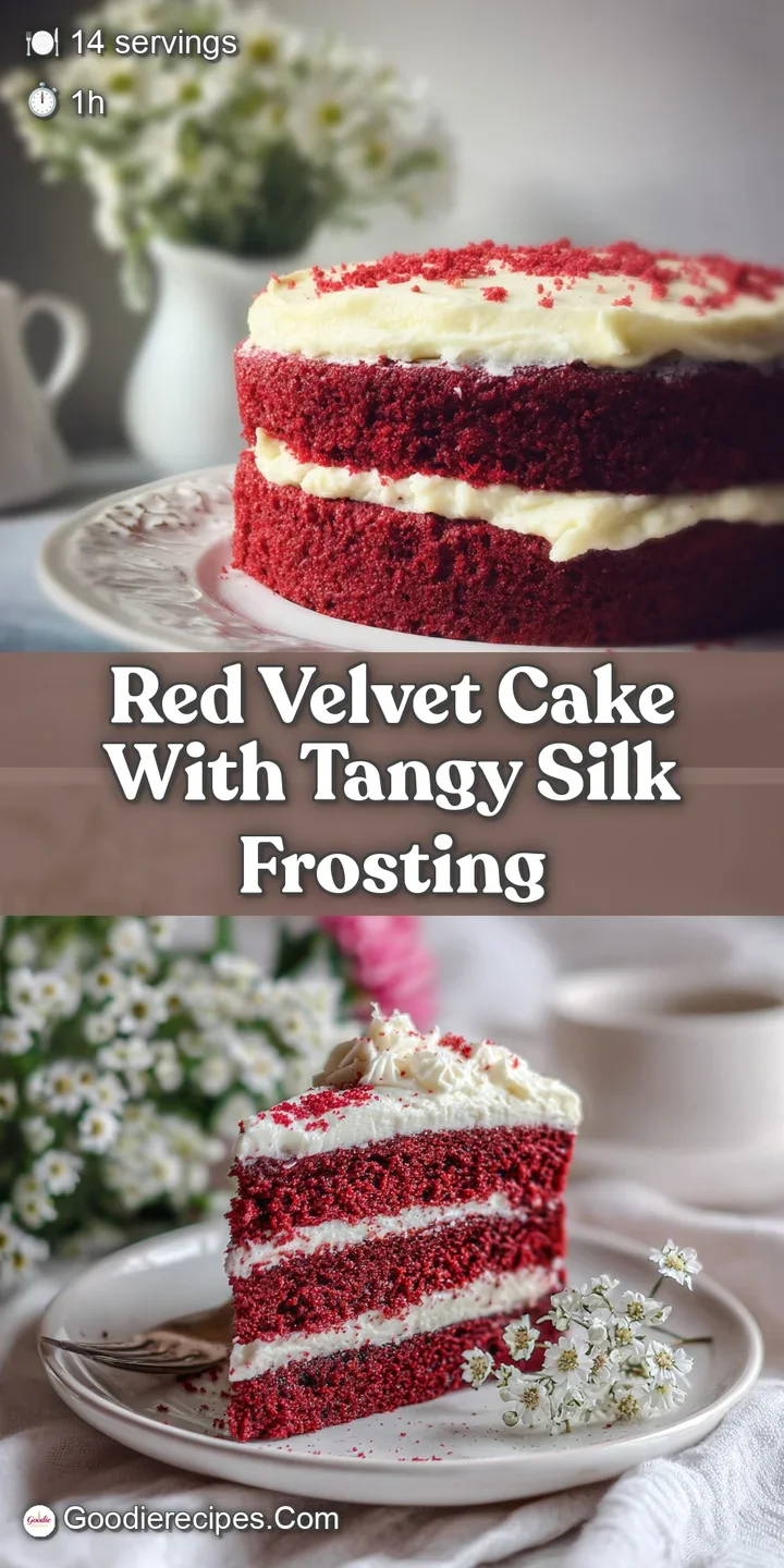 Close-up of rich red velvet cake crumb. Velvety texture contrasts with the smooth, light cream cheese frosting.