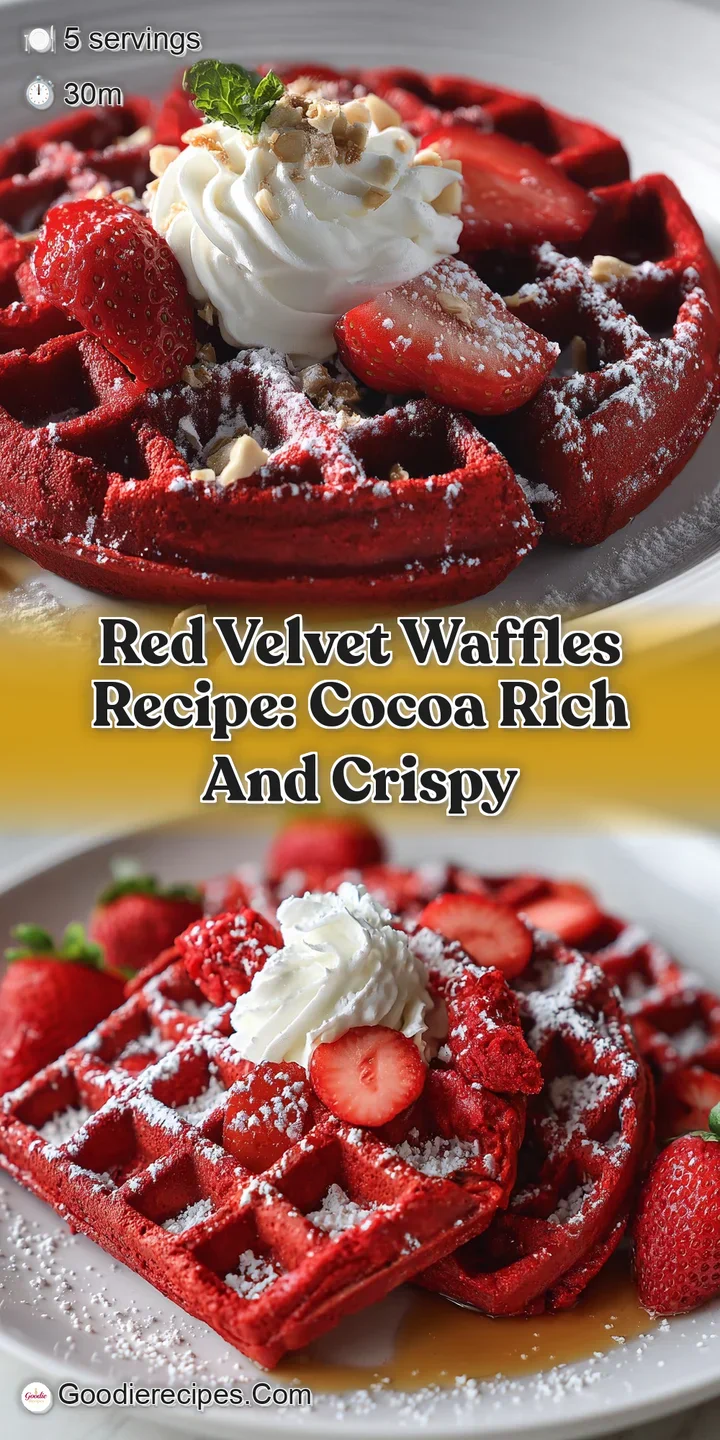 Close-up of a fluffy red waffle with a soft, pillowy texture and a generous swirl of creamy white icing.