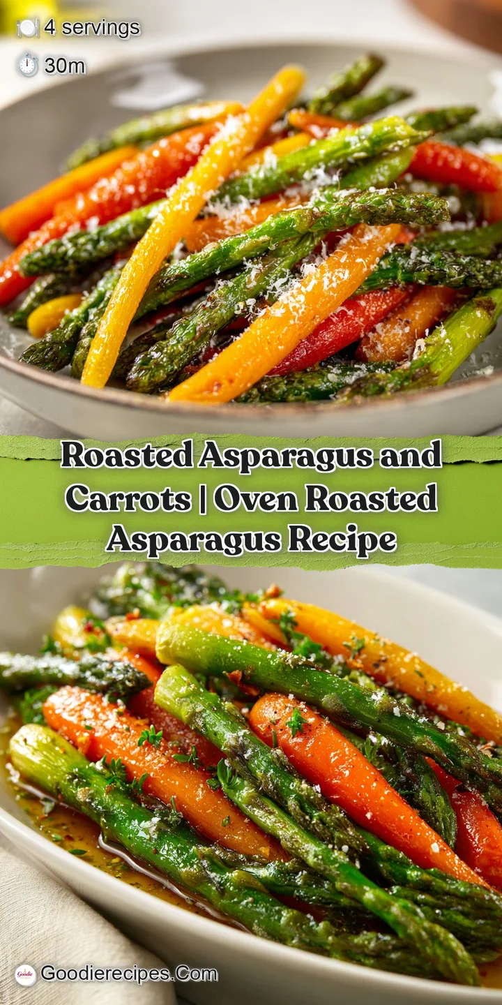 Close-up of crisp-tender roasted asparagus and sweet carrots, with a subtle char and fresh herb garnish.