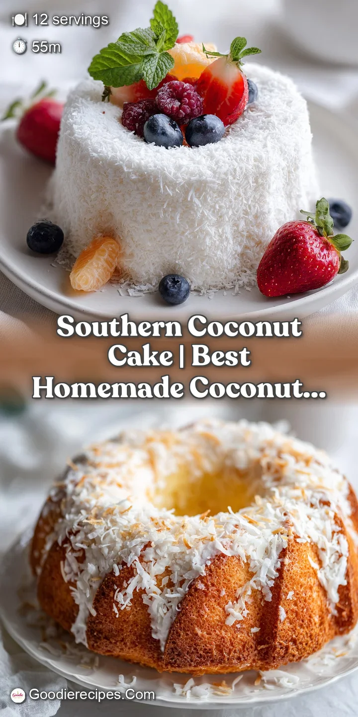 Close-up of a tender crumb coconut cake with a glistening, sweet coconut frosting.