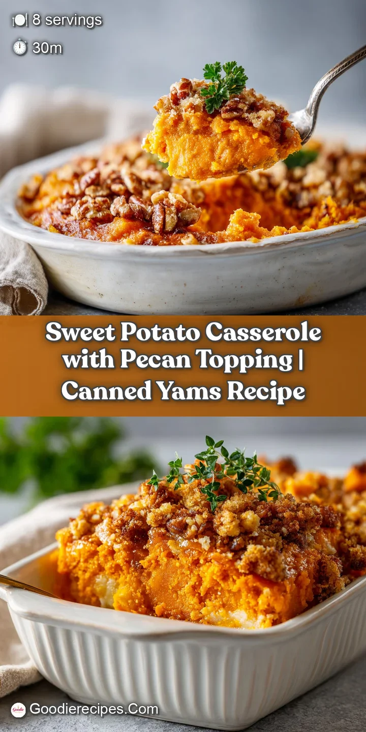 Close-up of a sweet potato casserole spoonful revealing a smooth, vibrant orange interior topped with toasted, golden pecans.