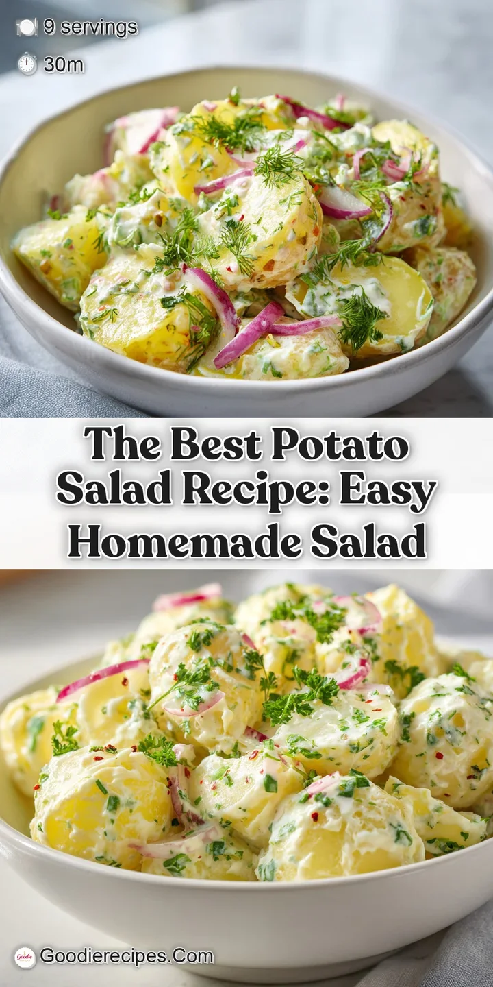 Close-up of chunky potato salad, vibrant with pops of green herbs. Creamy, speckled dressing coats each piece for a satisf...