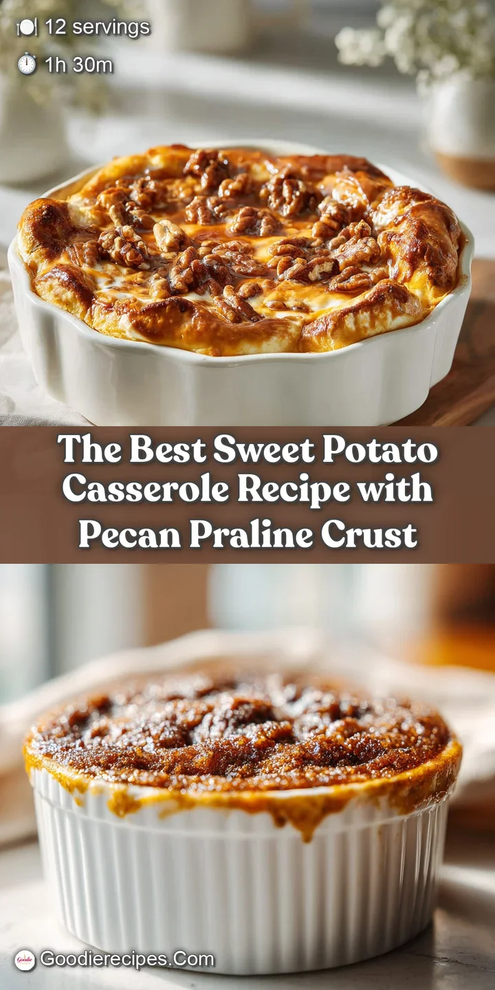 Close-up of a dollop of creamy sweet potato casserole with a glistening, toasted pecan praline topping.