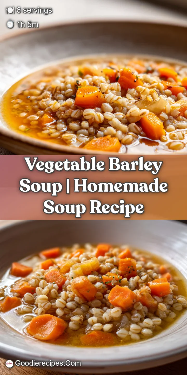 Close-up of tender pearled barley and vibrant orange carrots submerged in a glossy, shimmering golden-yellow broth.