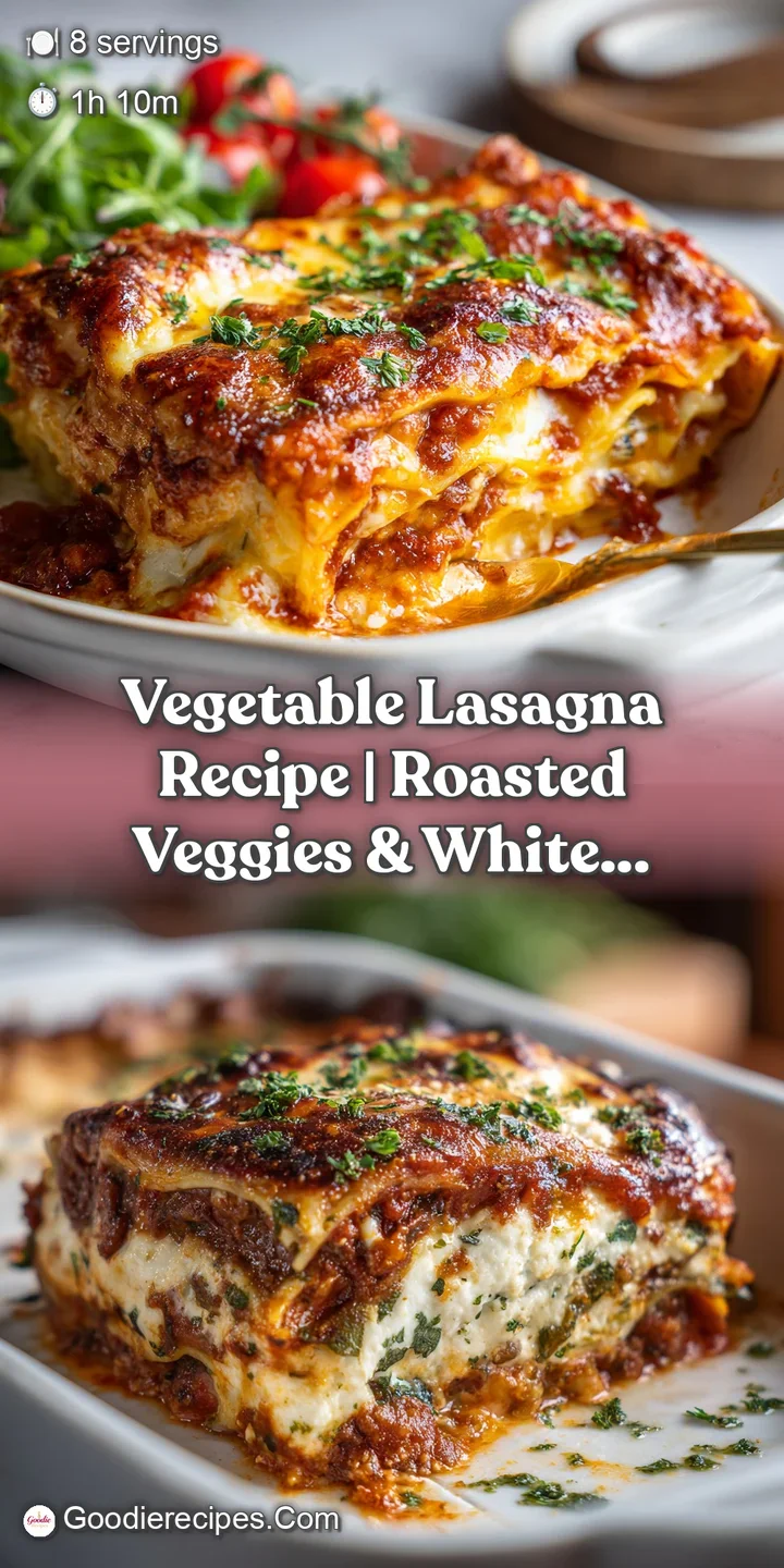 Close-up of lasagna: browned cheese with blistered spots, colorful layers of tender vegetables, and a rich, creamy sauce f...