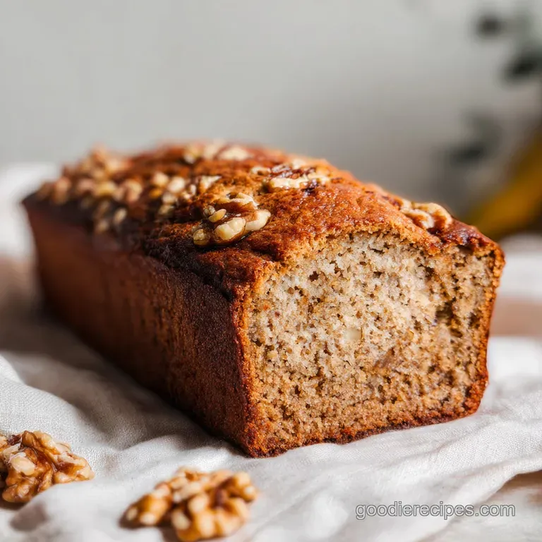 A slice of airy banana bread rests elegantly on a plate, walnut pieces scattered around, hinting at a comforting, subtly s...