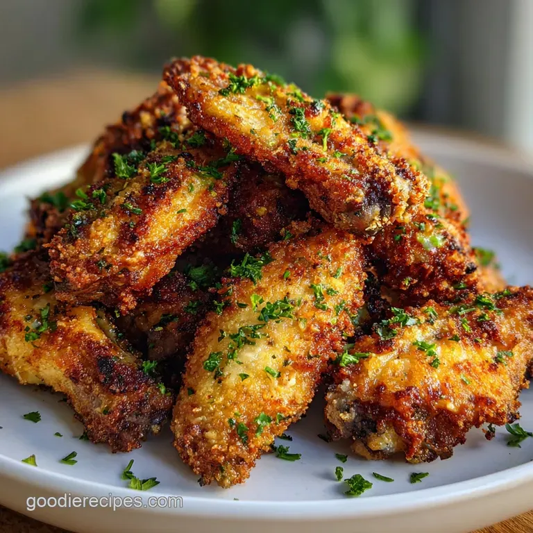 Crispy, golden-brown parmesan chicken wings artfully arranged on a white plate, garnished with fresh parsley and garlic sl...