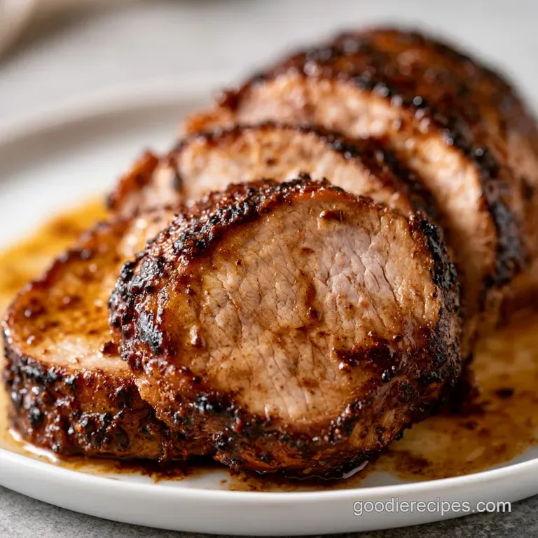 Slices of tender roasted pork arranged on a white platter with a glossy honey glaze and bright roasted carrots.